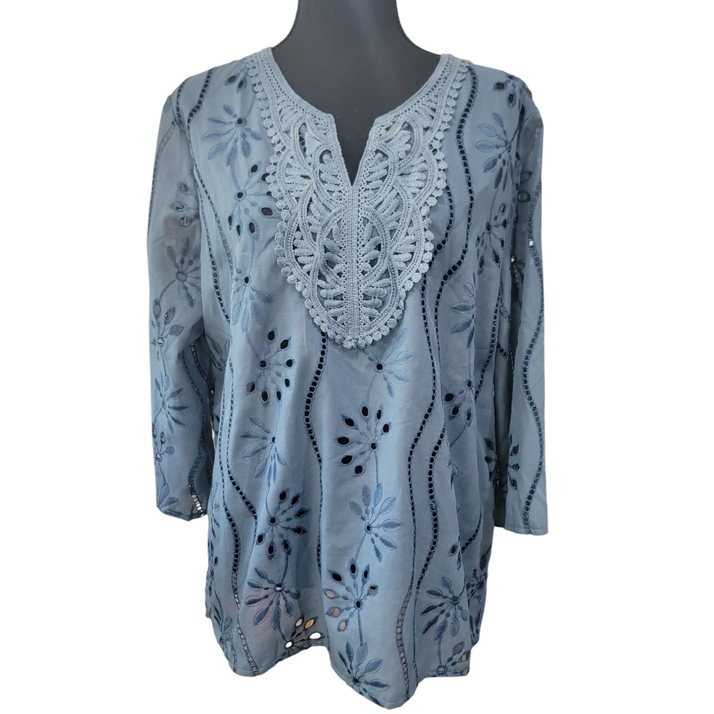 Emery Rose Blue Eyelet Lace V-Neck Tunic Blouse XL Boho Crochet Floral Top